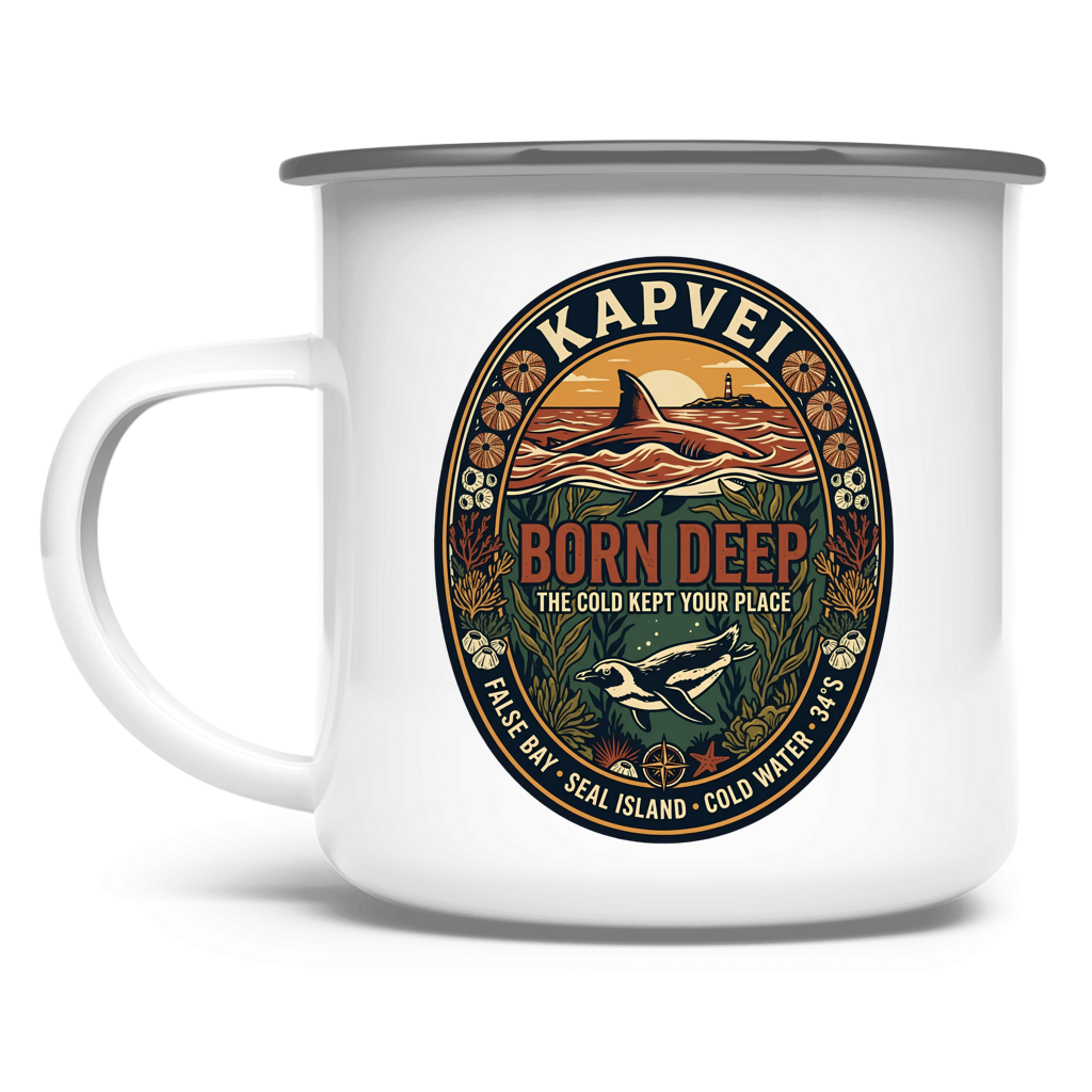 Emaille Tasse BORN DEEP Great White / Penguin