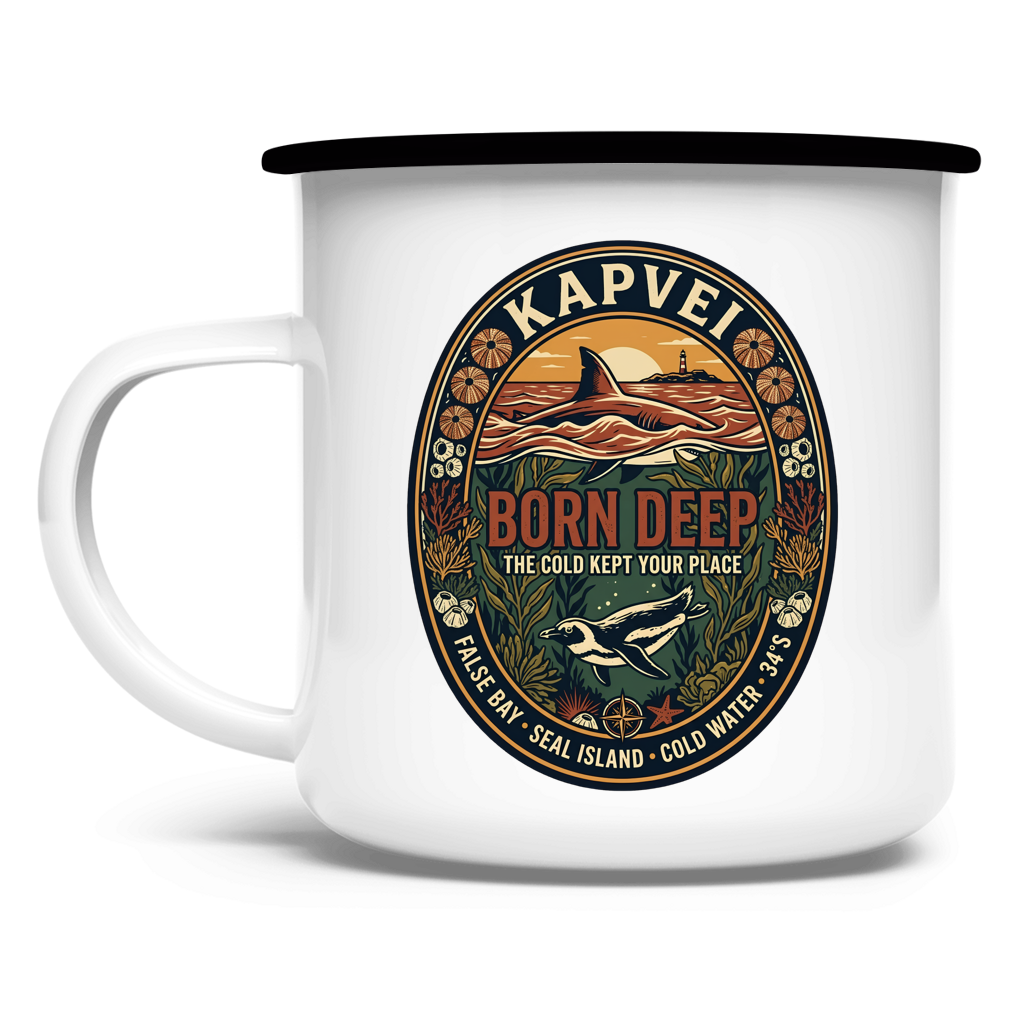 Emaille Tasse BORN DEEP Great White / Penguin