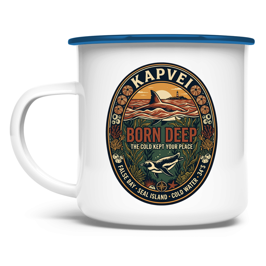 Emaille Tasse BORN DEEP Great White / Penguin
