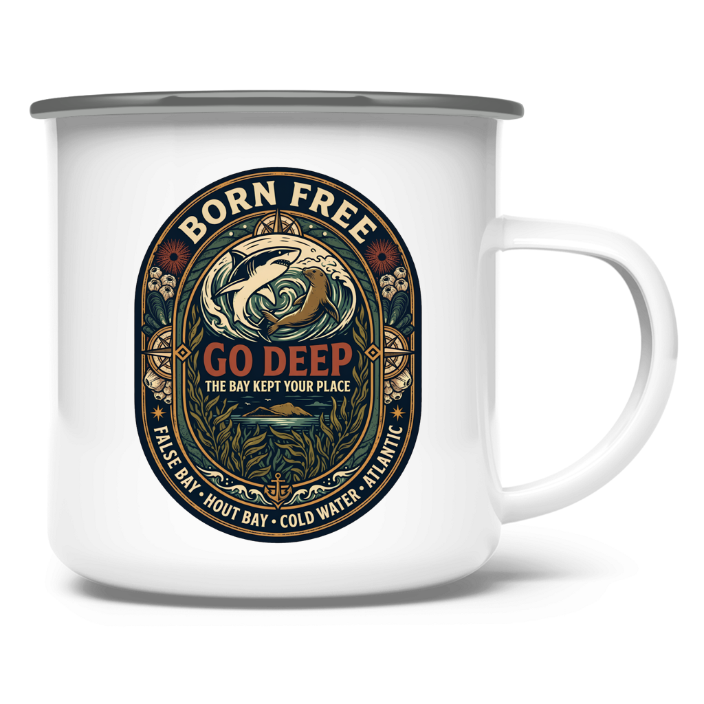 Emaille Tasse GO DEEP Great White / Seal